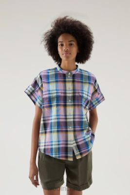 Woolrich Clothing - Woolrich Appalachian Trail Short-Sleeved Check Blouse in Pure Cotton Blue Check Women DL82173 Clothing