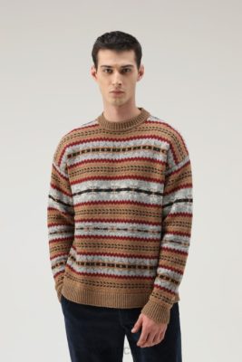 Woolrich Clothing - Woolrich Fair Isle Crewneck in Virgin Shetland Wool Dark Camel Men DL82674 Clothing