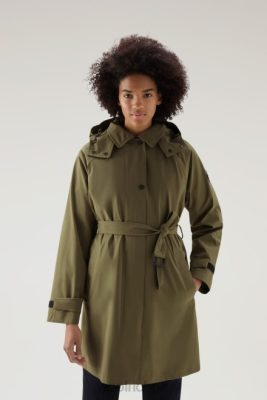 Woolrich Clothing - Woolrich Fayette Light Trench Coat with Detachable Hood Dark Green Women DL82203 Clothing