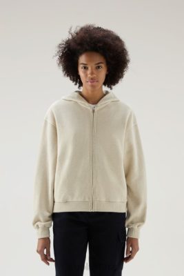 Woolrich Clothing - Woolrich Full-Zip Hoodie in a Cotton Linen Blend Beach Sand Women DL8214 Clothing
