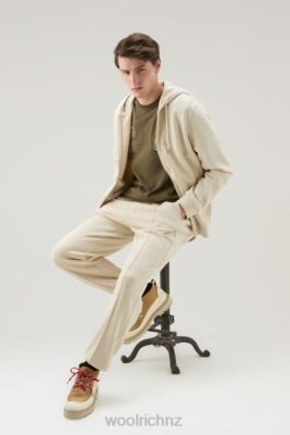 Woolrich Clothing - Woolrich Full Zip Hoodie in a Linen Cotton Fleece Blend Beach Sand Men DL82512 Clothing