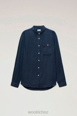Woolrich Clothing - Woolrich Garment-Dyed Pure Linen Shirt with Band Collar Melton Blue Men DL82635 Clothing