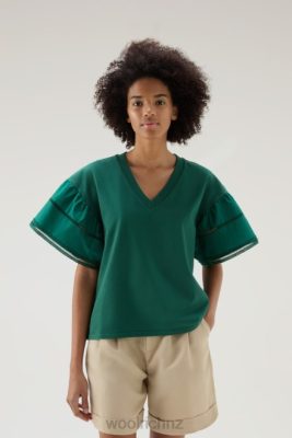 Woolrich Clothing - Woolrich Lakeside T-shirt in Pure Cotton with Puff Sleeves Evergreen Women DL82128 Clothing
