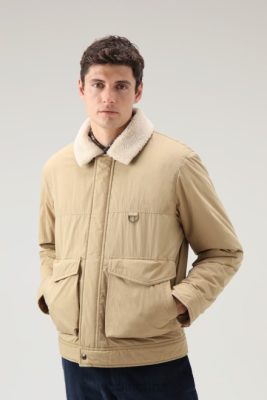 Woolrich Clothing - Woolrich Ripstop Trucker Jacket with Sherpa Wool Lining Gold Khaki Men DL82680 Clothing