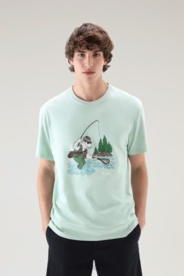 Woolrich Clothing - Woolrich T-shirt in Pure Cotton with Animated Sheep Logo Harbor Green Men DL82542 Clothing