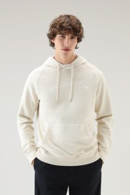 Woolrich Clothing - Woolrich Varsity Hoodie in Garment-Dyed Pure Cotton Fleece Milky Cream Men DL82494 Clothing