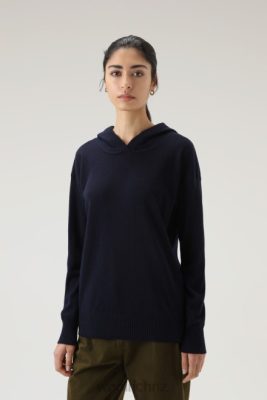 Woolrich Clothing - Woolrich Wool and Cashmere Blend Hooded Sweater Melton Blue Women DL82272 Clothing
