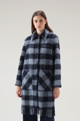 Woolrich NZ - Woolrich Brushed Wool Long Overshirt with Fringe Blue Buffalo Women DL82241 Clothing