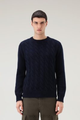 Woolrich NZ - Woolrich Cable-Knit Crewneck in Virgin Wool Melton Blue Men DL82700 Clothing