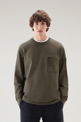 Woolrich NZ - Woolrich Crewneck in Pure Cotton Fleece with Zip Pocket Dark Green Men DL82454 Clothing