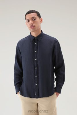 Woolrich NZ - Woolrich Garment-Dyed Pure Linen Shirt Melton Blue Men DL82376 Clothing
