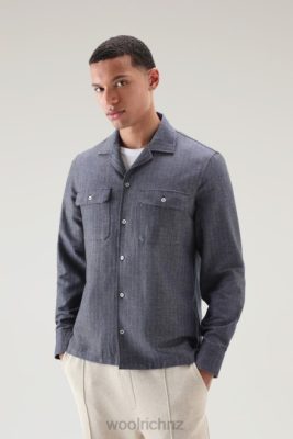 Woolrich NZ - Woolrich Overshirt in a Cotton Linen Blend Blue Herringbone Men DL82436 Clothing