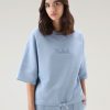 Woolrich NZ - Woolrich Pure Cotton Crewneck with Three Quarter Sleeves Pale Indigo Women DL8279 Clothing
