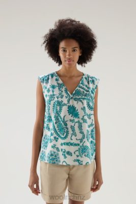 Woolrich NZ - Woolrich Sleeveless Blouse in Pure Cotton Poplin Turquoise Paisley Women DL8240 Clothing