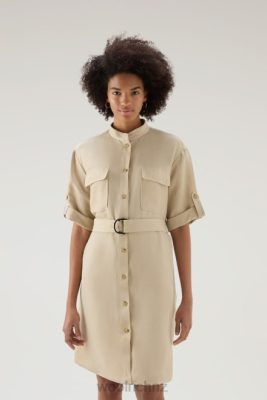 Woolrich Parka - Woolrich Belted Utility Dress in Linen Blend Feather Beige Women DL82183 Clothing