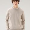 Woolrich Parka - Woolrich Crewneck Sweater in Pure Cotton Beige Melange Men DL82375 Clothing