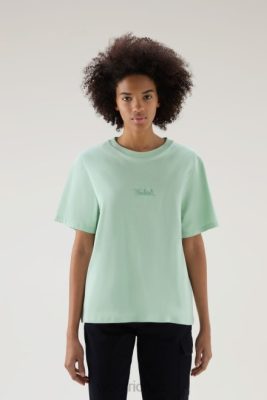 Woolrich Parka - Woolrich Embroidered Logo T-shirt in Pure Cotton Harbor Green Women DL826 Clothing