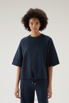 Woolrich Parka - Woolrich Pure Cotton Crewneck with Three Quarter Sleeves Melton Blue Women DL82117 Clothing