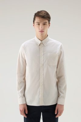 Woolrich Parka - Woolrich Striped Shirt in a Linen Cotton Blend Beach Sand Stripe Men DL82567 Clothing
