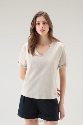 Woolrich Parka - Woolrich T-shirt in Cotton Linen Blend with V-neck Beach Sand Women DL8296 Clothing