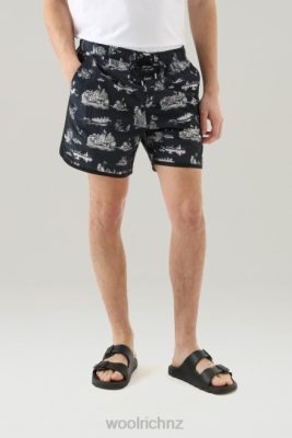 Woolrich Parka - Woolrich Zavikon Printed Boardshorts in Ripstop Crinkle Nylon Melton Blue Men DL82459 Clothing